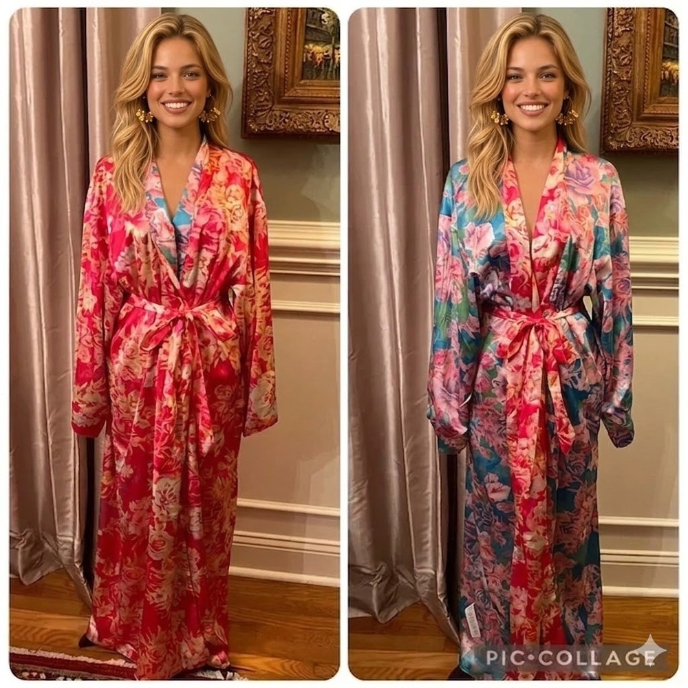 NWT RARE Women's Nasty Gal Reversible Satin Floral Maxi Robe US Size 14